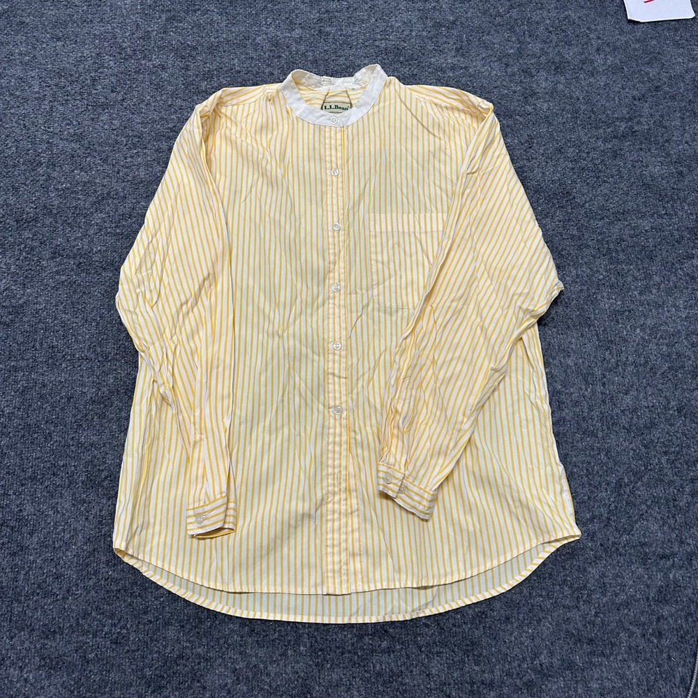 L.L. Bean Button Up Womens Size M Yellow Striped Band Collar Casual Long Sleeve